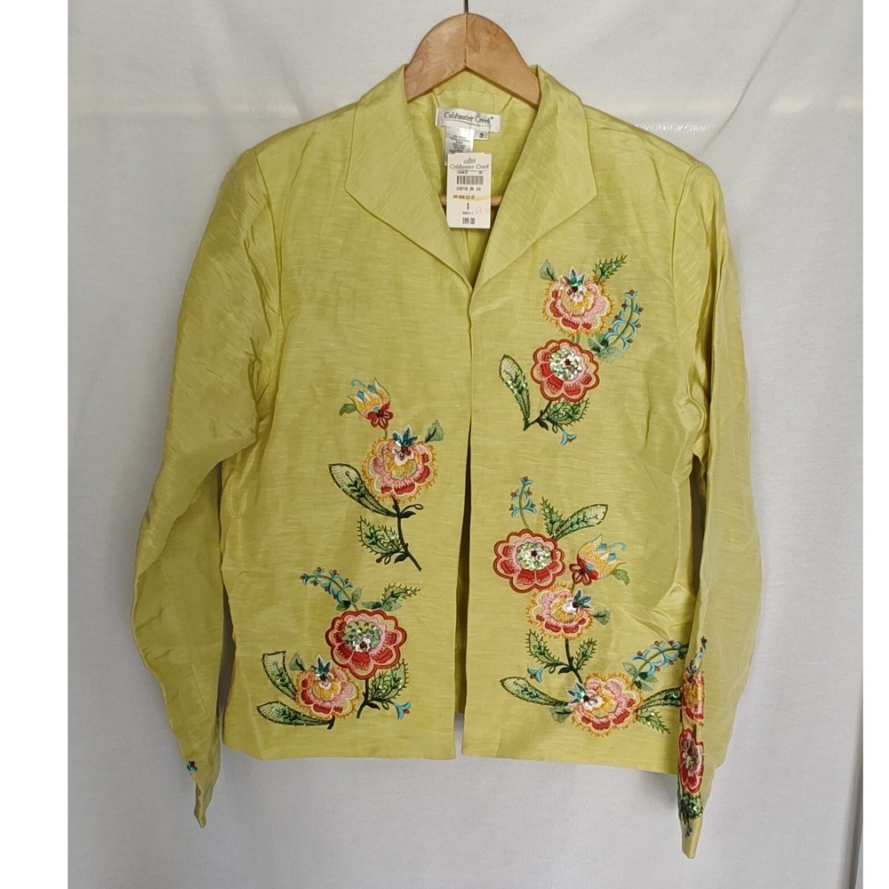 Coldwater Creek Jacket Green Floral Embroidery Sequin Silk Linen Blend Small New
